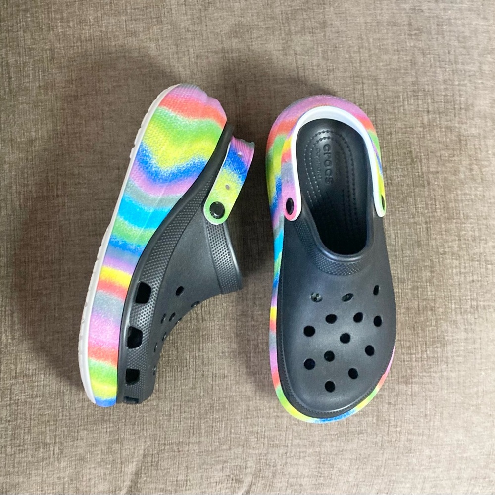 Kids Black Clog Sandals with Rainbow Trim